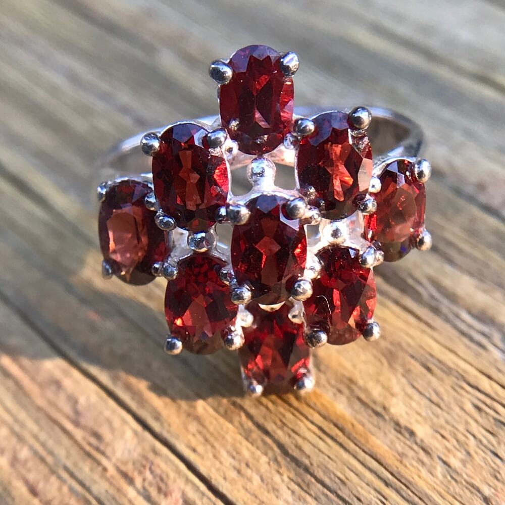 Oval Cut Garnet Silver-plate Cocktail Ring, size 8.5 silver plate (stamped 925)